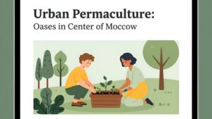 Зеленый сад с грядками и деревьями среди высотных зданий Москвы в стиле городской пермакультуры