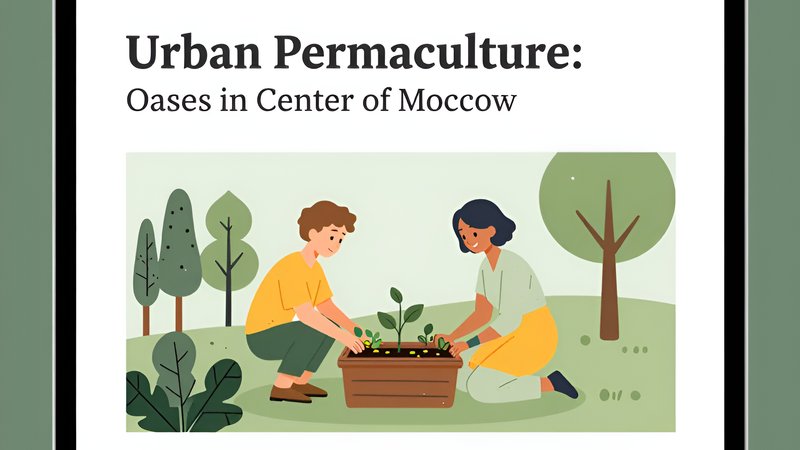 Зеленый сад с грядками и деревьями среди высотных зданий Москвы в стиле городской пермакультуры